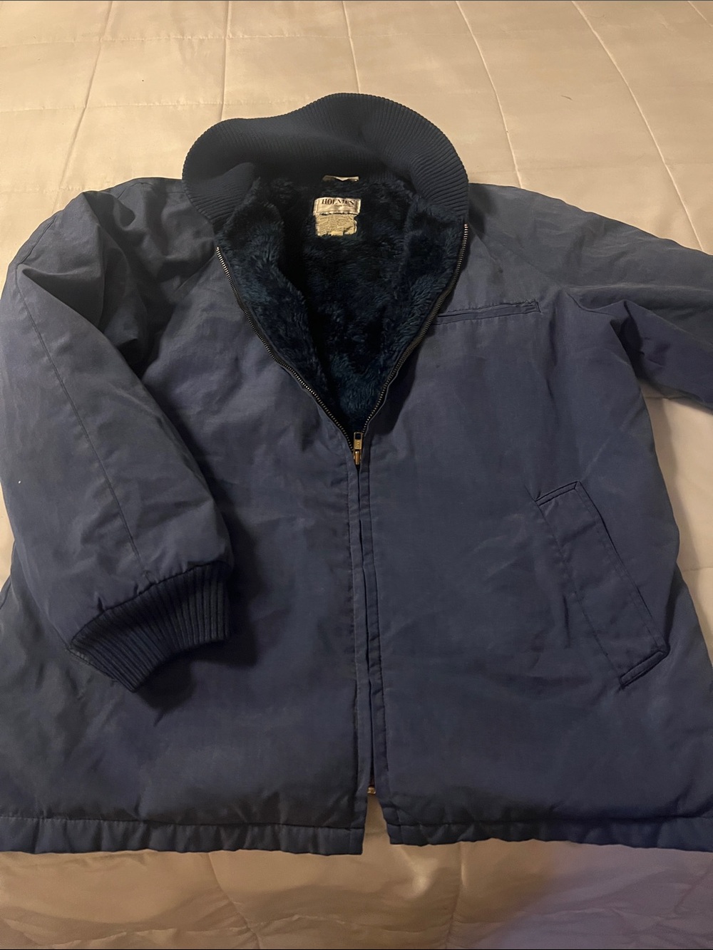 Vintage 1970 Men's Navy Bomber Jacket with Faux Fur Lining